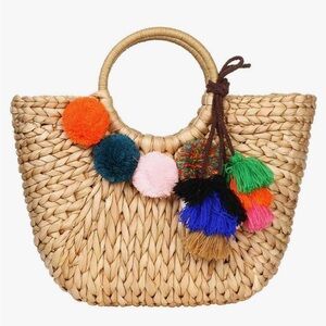 rattan bag with colorful  tassels NWOT